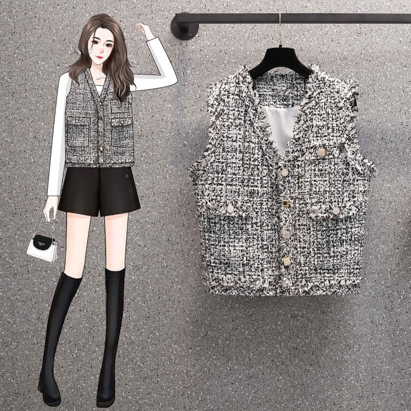 Korejski ženski karirani prsluk od tvida proljeće jesen ženski elegantni kaput s džepnim gumbima crno-bijeli gornji dio bez rukava ženska gornja odjeća s V-izrezom