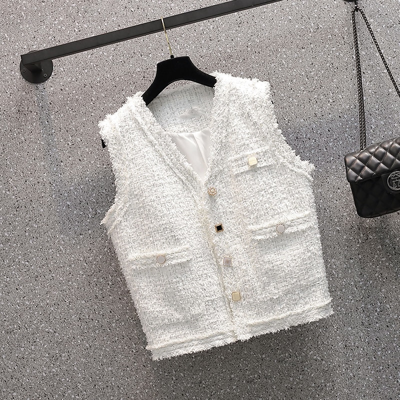 Korejski ženski karirani prsluk od tvida proljeće jesen ženski elegantni kaput s džepnim gumbima crno-bijeli gornji dio bez rukava ženska gornja odjeća s V-izrezom