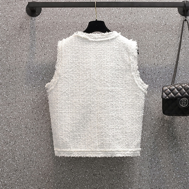 Korejski ženski karirani prsluk od tvida proljeće jesen ženski elegantni kaput s džepnim gumbima crno-bijeli gornji dio bez rukava ženska gornja odjeća s V-izrezom