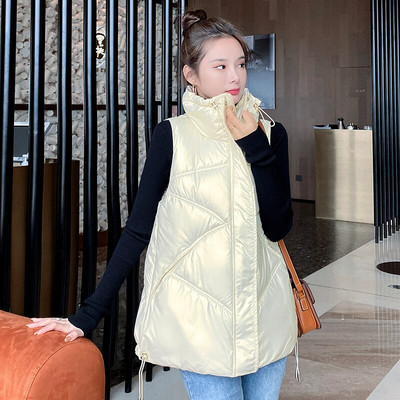 FORERUN Sieviešu veste korejiešu modes stils vidēja garuma spīdīga zeltīta jauna pufera vestes ziemas mētelis Doudoune Sans Manche