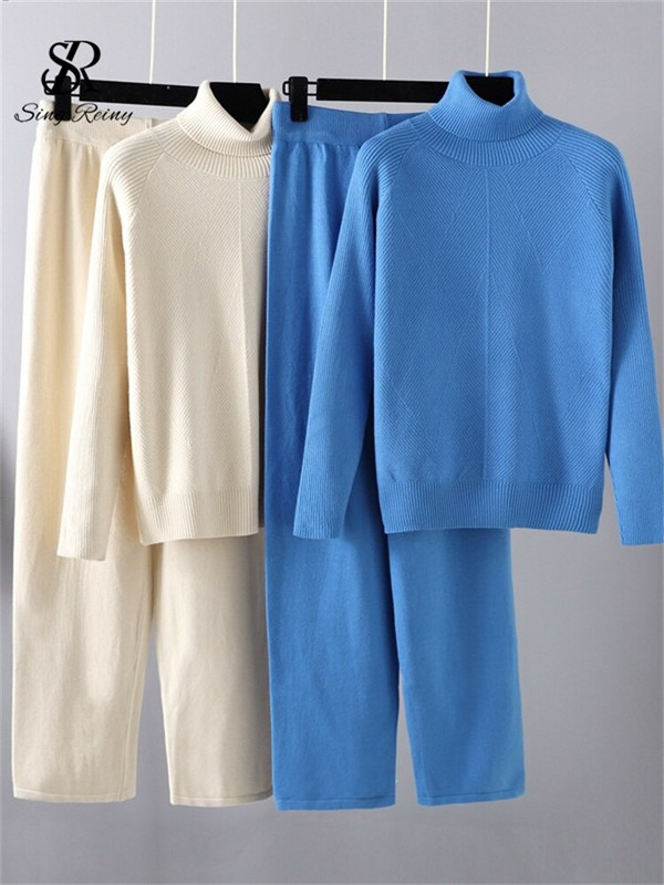 LIRUICHENG Ziemas stingras džemperu komplekti ar bruņurupuču apkakli ar garām piedurknēm, brīvs tops + platas kājas ikdienas bikses, 2022. gada sieviešu trikotāžas divu gabalu uzvalki