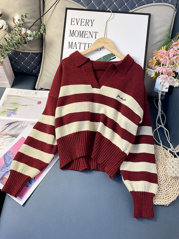 Crveni polo džemperi s izvezenim slovima Kratki pleteni kratki džemper s puf rukavima Preppy stila Slatki puloveri Lq_songyi LQ17