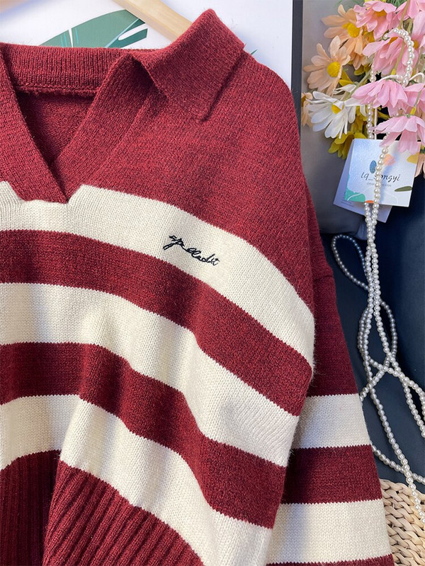 Crveni polo džemperi s izvezenim slovima Kratki pleteni kratki džemper s puf rukavima Preppy stila Slatki puloveri Lq_songyi LQ17