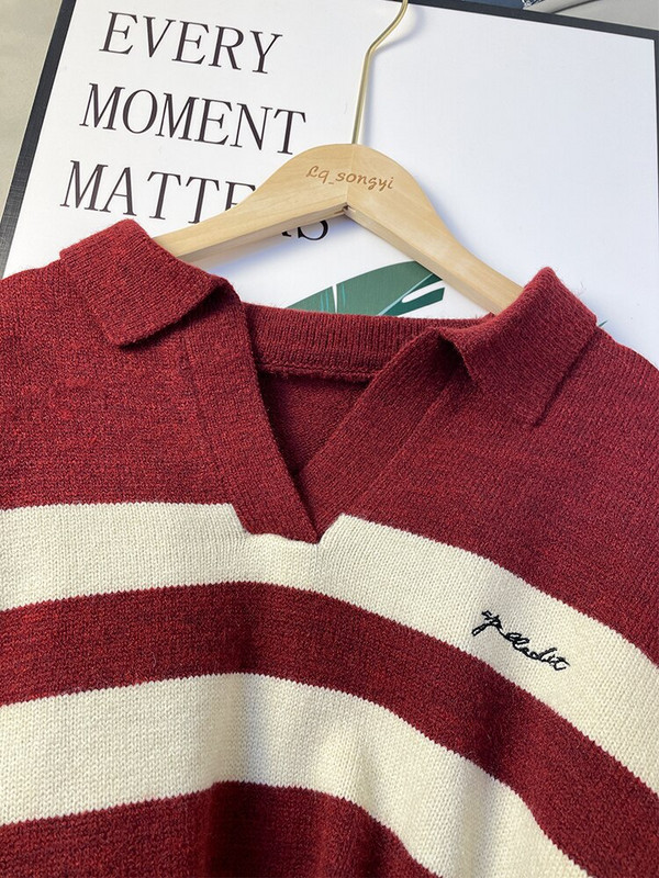 Crveni polo džemperi s izvezenim slovima Kratki pleteni kratki džemper s puf rukavima Preppy stila Slatki puloveri Lq_songyi LQ17