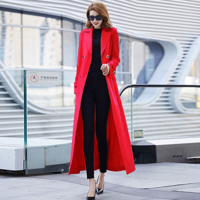 Proljetni dugi trenč ženski remen s dvostrukim kopčanjem Elegantni uski jednobojni bež trenč kaput Tanka ženska široka gornja odjeća Duga vjetrovka