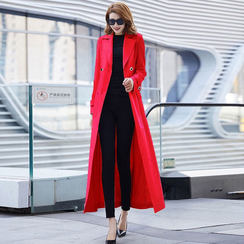 Proljetni dugi trenč ženski remen s dvostrukim kopčanjem Elegantni uski jednobojni bež trenč kaput Tanka ženska široka gornja odjeća Duga vjetrovka