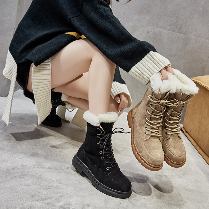 Pofulove Γυναικείες μπότες Χειμερινές δερμάτινες μπότες Μαύρες μπότες χιονιού Λούτρινα ζεστά σουέτ μποτάκια ίσια παπούτσια Γυναικεία μόδα Botas