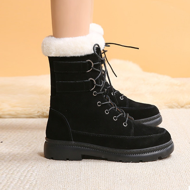 Pofulove Γυναικείες μπότες Χειμερινές δερμάτινες μπότες Μαύρες μπότες χιονιού Λούτρινα ζεστά σουέτ μποτάκια ίσια παπούτσια Γυναικεία μόδα Botas