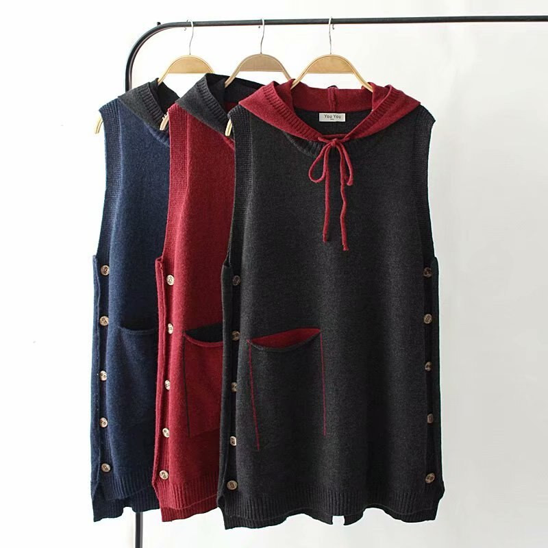 Jesenski, ležerni pleteni prsluk s dugmadima, ženski džemper 2022. Zimski topli široki prsluk s kapuljačom, jakna bez rukava, gornja odjeća 4XL