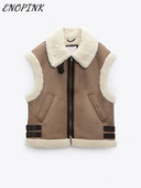 Sieviešu jēra vilnas imitācijas veste, 2022. gada biezs, silts vintage bezpiedurkņu kabatas sieviešu veste, eleganti topi ziemas jaka