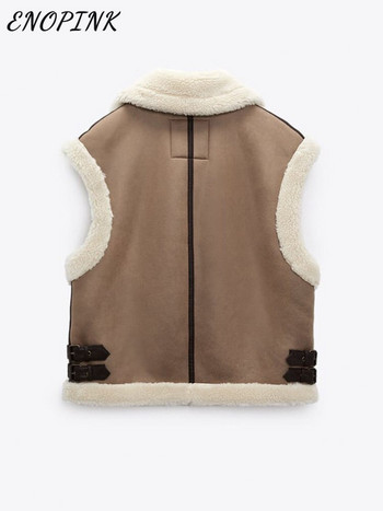 Γυναικείο παλτό απομίμησης δερμάτινου γιλέκου Lambswool 2022 Χοντρό ζεστό vintage αμάνικο τσέπες Γυναικείο γιλέκο Chic tops Χειμερινό μπουφάν