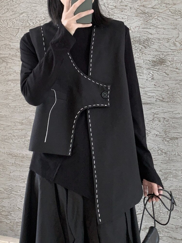 [EWQ] Μοντέρνο αμάνικο γιλέκο με μονό κουμπί, φθινόπωρο 2022, φωτεινή γραμμή ακανόνιστου σακάκι με λαιμόκοψη V, μοντέρνα αμάνικα ρούχα Y3574