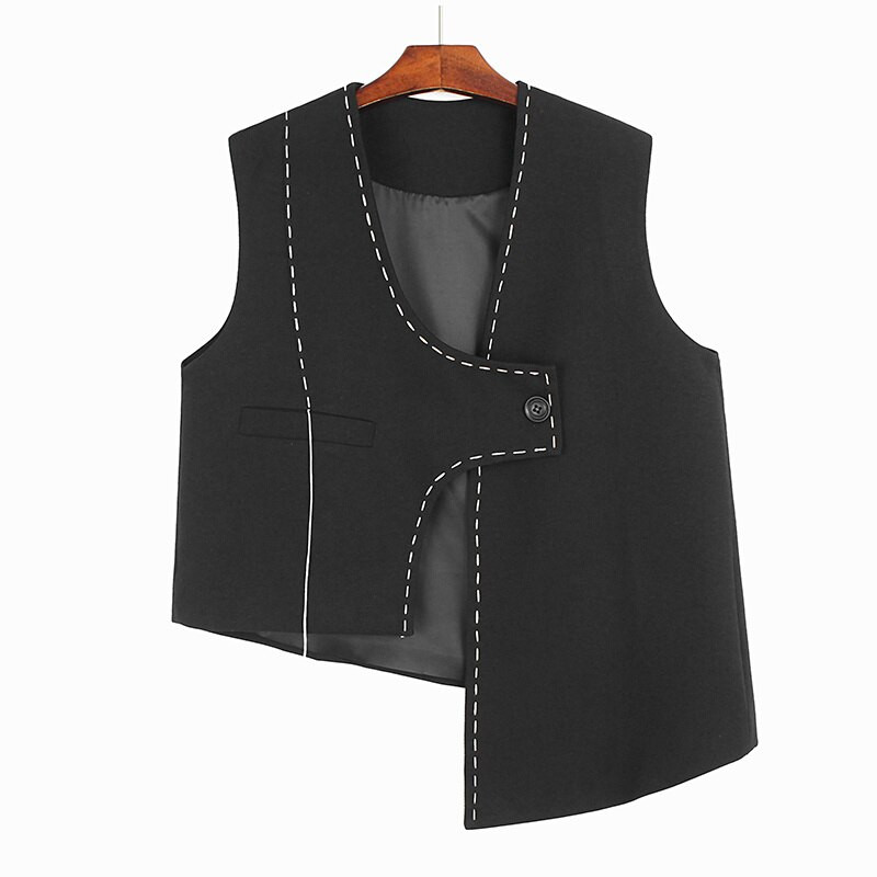 [EWQ] Μοντέρνο αμάνικο γιλέκο με μονό κουμπί, φθινόπωρο 2022, φωτεινή γραμμή ακανόνιστου σακάκι με λαιμόκοψη V, μοντέρνα αμάνικα ρούχα Y3574