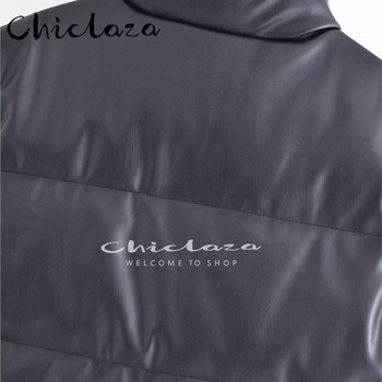 CHICLAZA 2022 Φθινόπωρο Χειμώνας Γυναικείο Μαύρο από συνθετικό δέρμα γιλέκο Casual φερμουάρ Αμάνικο Ζεστό μπουφάν γιλέκο Κοντά μπλουζάκια Γυναικεία