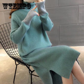 Γυναικείο πουλόβερ μέχρι το γόνατο με ψηλό γιακά, κορεατική έκδοση Φαρδύ μονόχρωμο μακρύ μανίκι μαθητικό πλεκτό μάλλινο φόρεμα