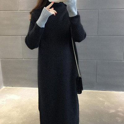 Γυναικείο πουλόβερ μέχρι το γόνατο με ψηλό γιακά, κορεατική έκδοση Φαρδύ μονόχρωμο μακρύ μανίκι μαθητικό πλεκτό μάλλινο φόρεμα