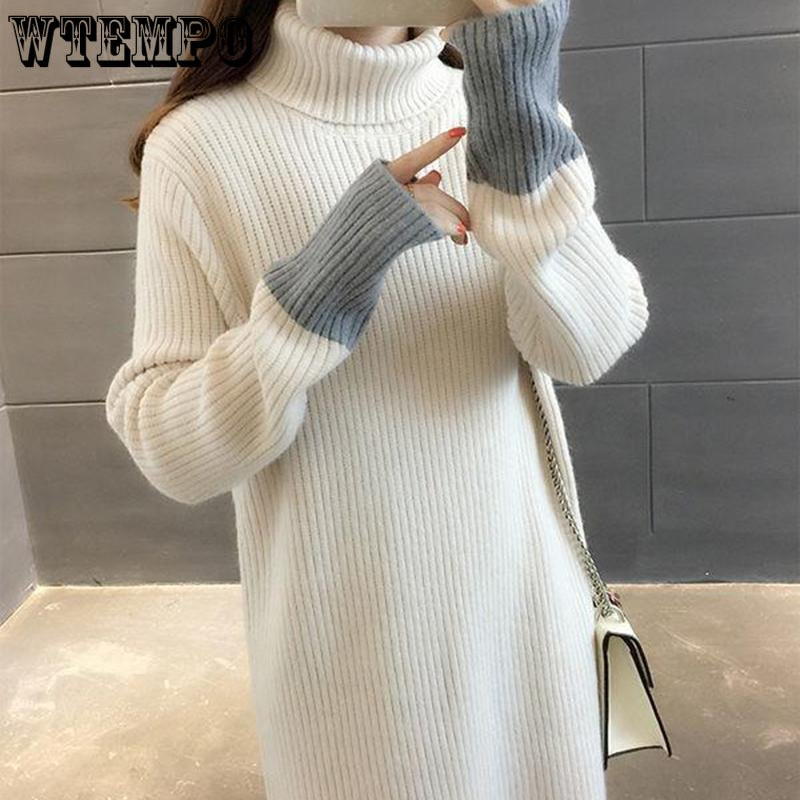 Γυναικείο πουλόβερ μέχρι το γόνατο με ψηλό γιακά, κορεατική έκδοση Φαρδύ μονόχρωμο μακρύ μανίκι μαθητικό πλεκτό μάλλινο φόρεμα