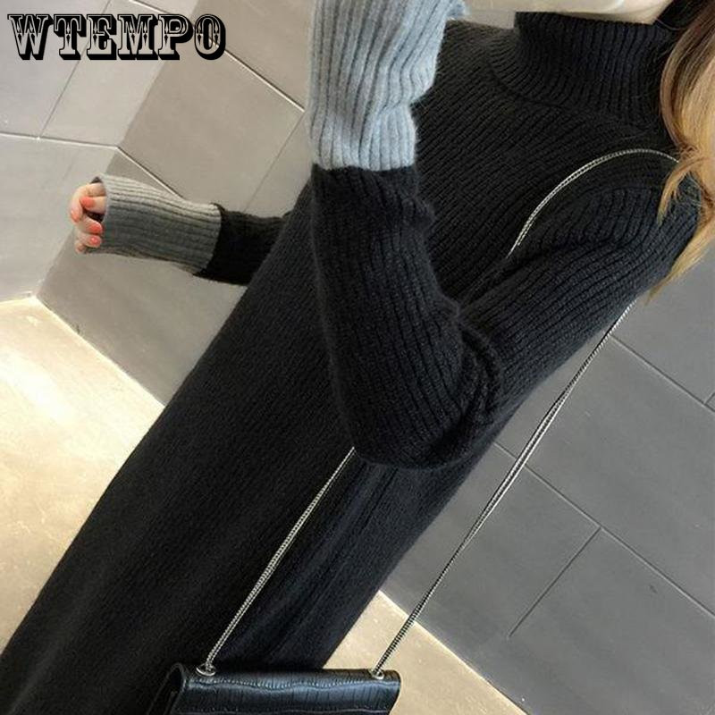 Γυναικείο πουλόβερ μέχρι το γόνατο με ψηλό γιακά, κορεατική έκδοση Φαρδύ μονόχρωμο μακρύ μανίκι μαθητικό πλεκτό μάλλινο φόρεμα