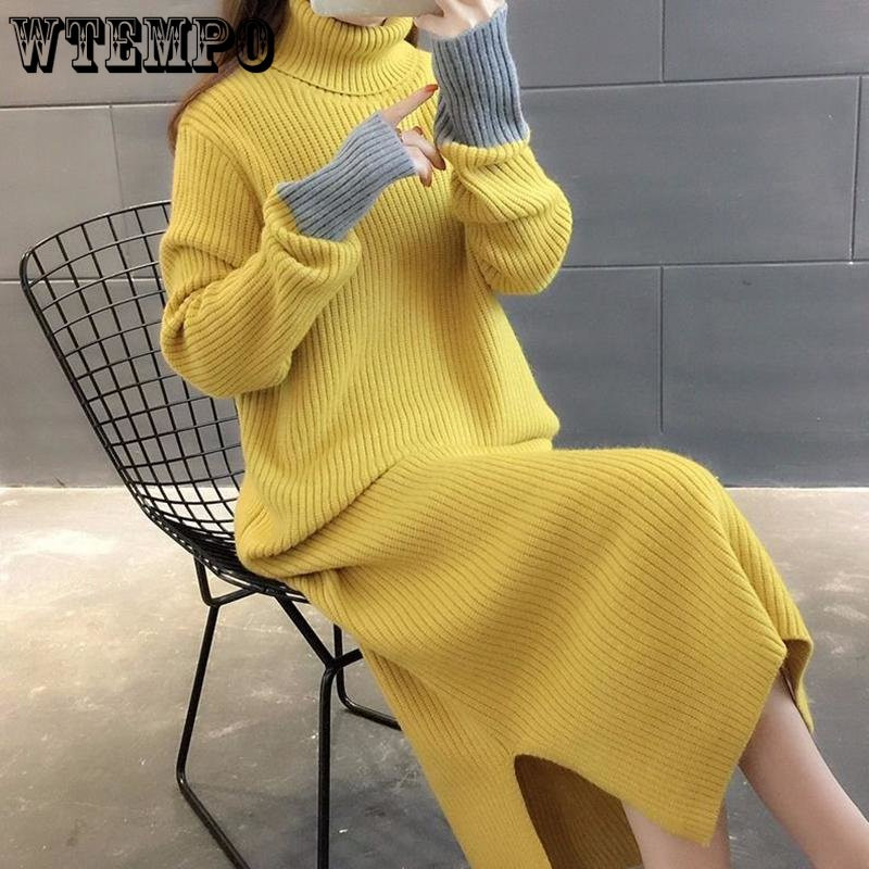 Γυναικείο πουλόβερ μέχρι το γόνατο με ψηλό γιακά, κορεατική έκδοση Φαρδύ μονόχρωμο μακρύ μανίκι μαθητικό πλεκτό μάλλινο φόρεμα