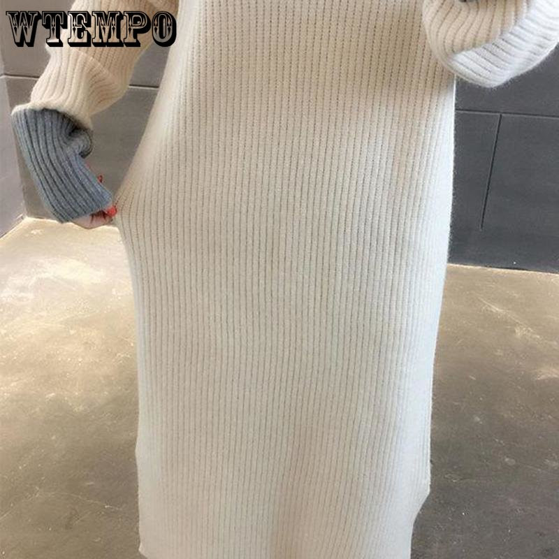 Γυναικείο πουλόβερ μέχρι το γόνατο με ψηλό γιακά, κορεατική έκδοση Φαρδύ μονόχρωμο μακρύ μανίκι μαθητικό πλεκτό μάλλινο φόρεμα