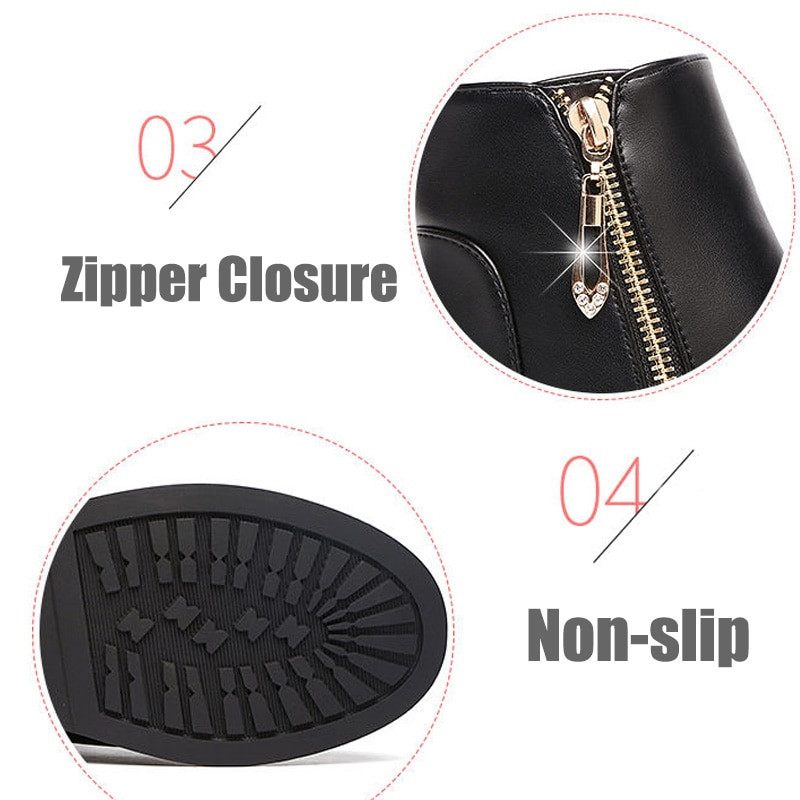 Crne gležnjače Ženske jesenske zimske krznene cipele Kratke čizme s patentnim zatvaračem Vodootporne cipele Ženske čizme s blok petom Ženske kožne čizme