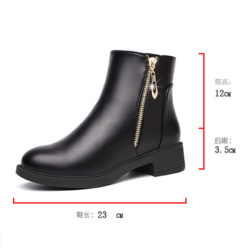 Crne gležnjače Ženske jesenske zimske krznene cipele Kratke čizme s patentnim zatvaračem Vodootporne cipele Ženske čizme s blok petom Ženske kožne čizme