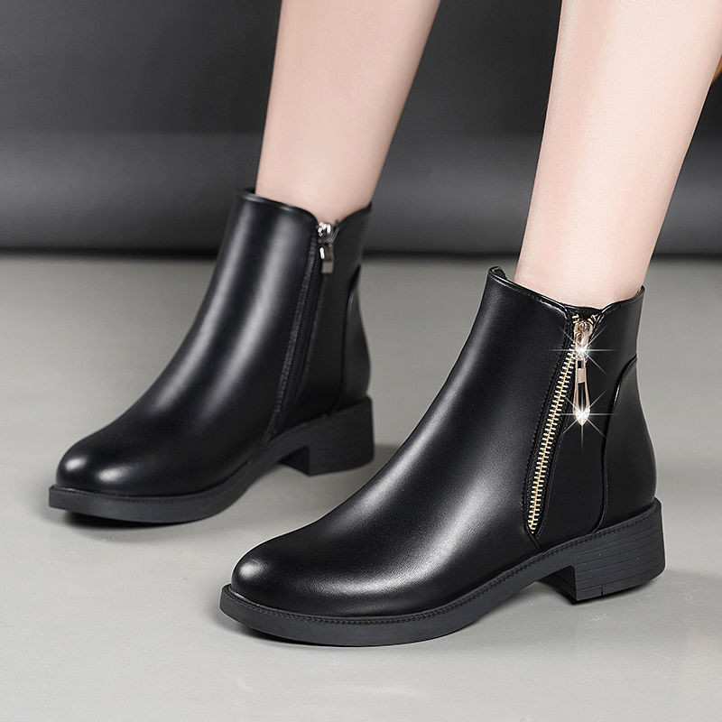 Crne gležnjače Ženske jesenske zimske krznene cipele Kratke čizme s patentnim zatvaračem Vodootporne cipele Ženske čizme s blok petom Ženske kožne čizme