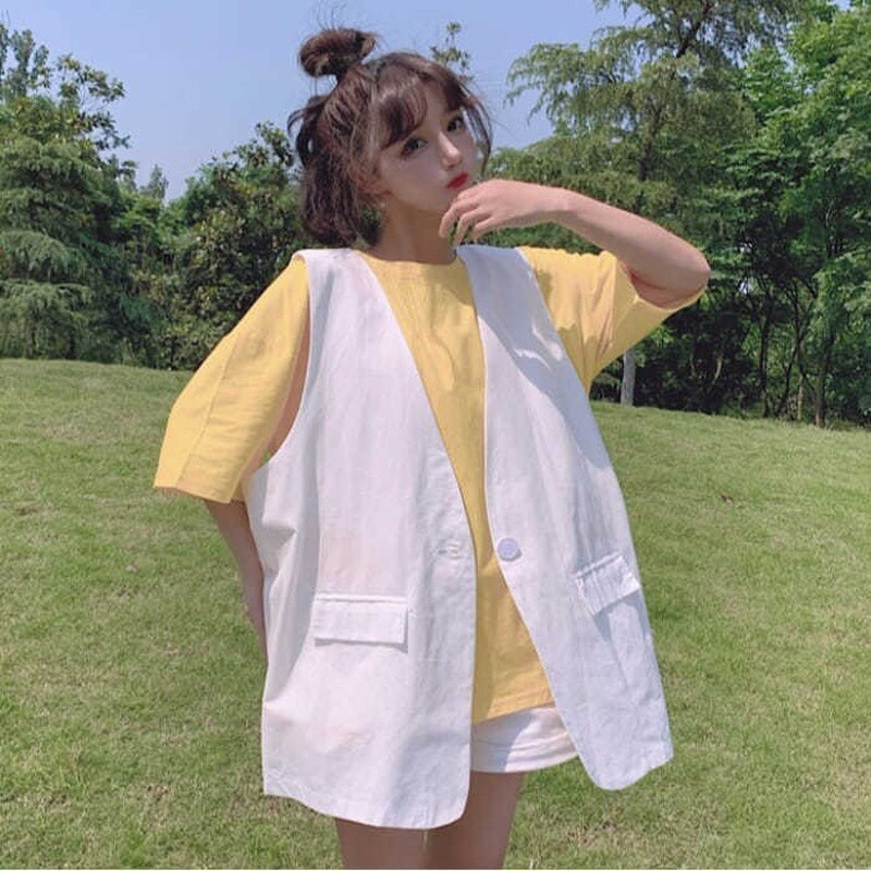 M-4XL Γυναικεία γιλέκα Μασίφ φρέσκα φοιτητικά Παντός αγώνα Μονό στήθος Γλυκό με λαιμόκοψη V γιλέκα Ulzzang Chic μπλουζάκια BF Κορεάτικη μόδα Νέα