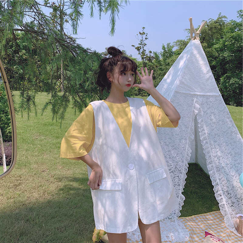 M-4XL Γυναικεία γιλέκα Μασίφ φρέσκα φοιτητικά Παντός αγώνα Μονό στήθος Γλυκό με λαιμόκοψη V γιλέκα Ulzzang Chic μπλουζάκια BF Κορεάτικη μόδα Νέα