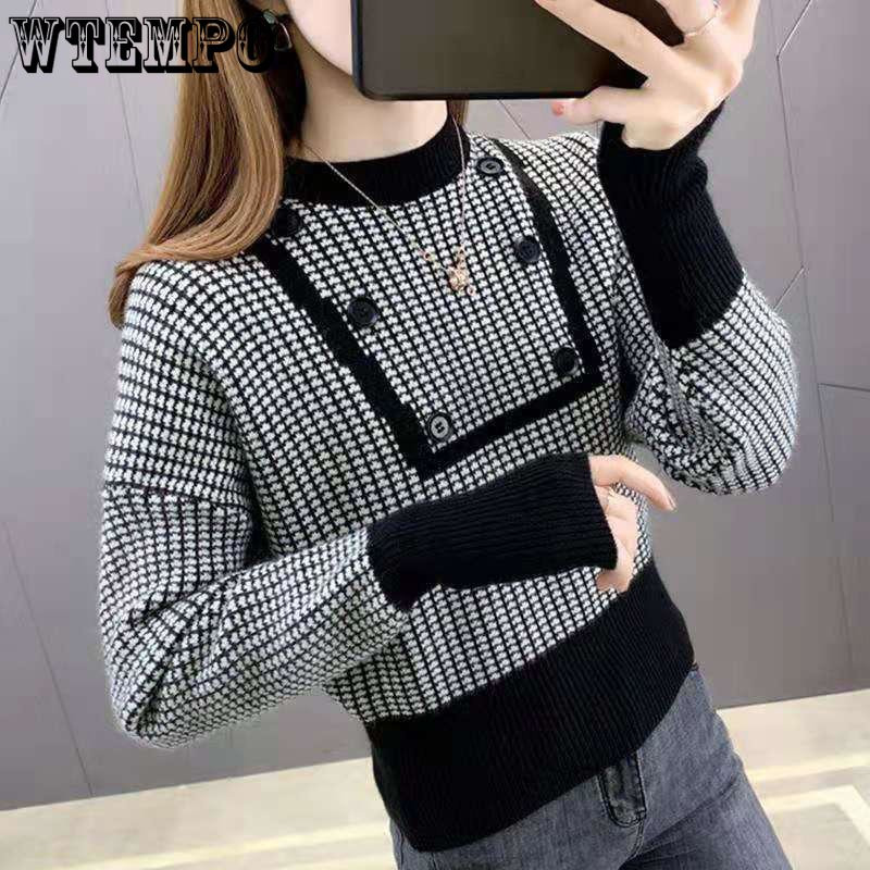 Pleteni pulover s okruglim izrezom i visokim strukom, kratki stil, ženski stil, dizajn gumba, podkaput Ženska jesen i zima