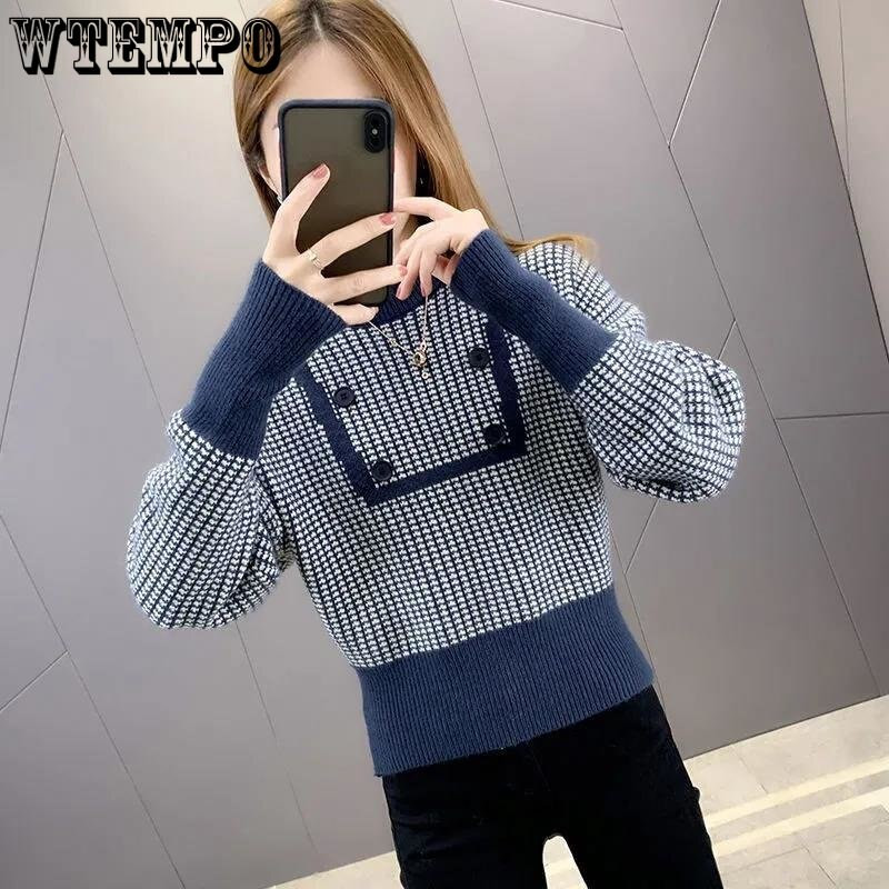 Pleteni pulover s okruglim izrezom i visokim strukom, kratki stil, ženski stil, dizajn gumba, podkaput Ženska jesen i zima