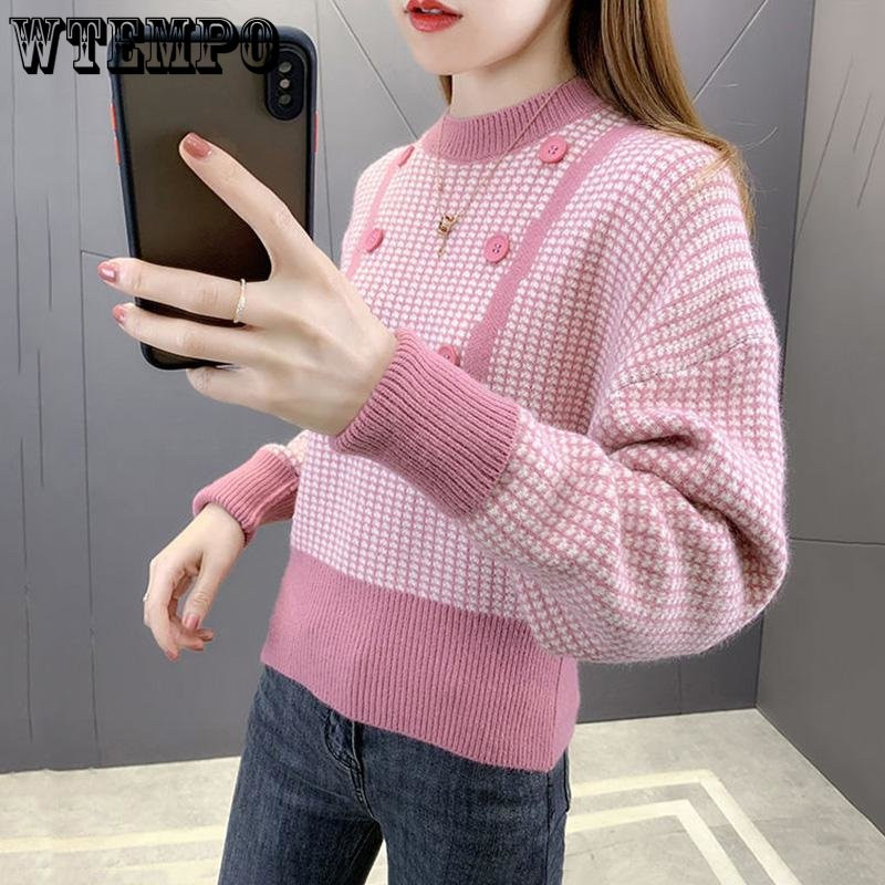 Pleteni pulover s okruglim izrezom i visokim strukom, kratki stil, ženski stil, dizajn gumba, podkaput Ženska jesen i zima