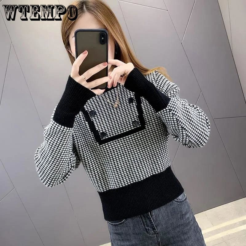 Pleteni pulover s okruglim izrezom i visokim strukom, kratki stil, ženski stil, dizajn gumba, podkaput Ženska jesen i zima