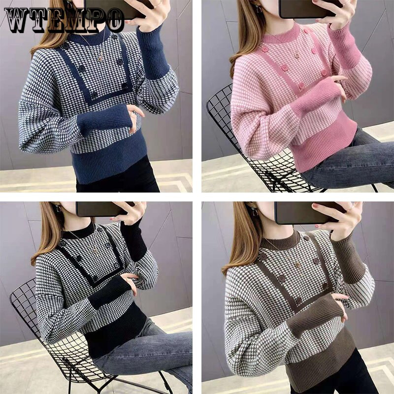 Pleteni pulover s okruglim izrezom i visokim strukom, kratki stil, ženski stil, dizajn gumba, podkaput Ženska jesen i zima