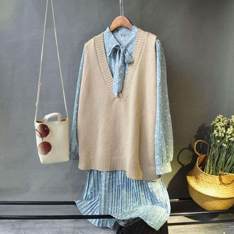 Γυναικεία γιλέκα Μασίφ φοιτητικό πλεκτό με λαιμόκοψη σε σχήμα V με όλα τα ταιριαστά κορεάτικα Harajuku Kpop Simple Chic Daily Streetwear Μόδα Vintage Γυναικεία Νέα