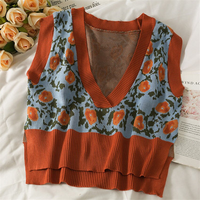 Retro vintage veste sieviešu trikotāžas džemperis veste bez piedurknēm puķaina sānos sadalīta veste rudens īss virsdrēbes Chalecos Para Mujer