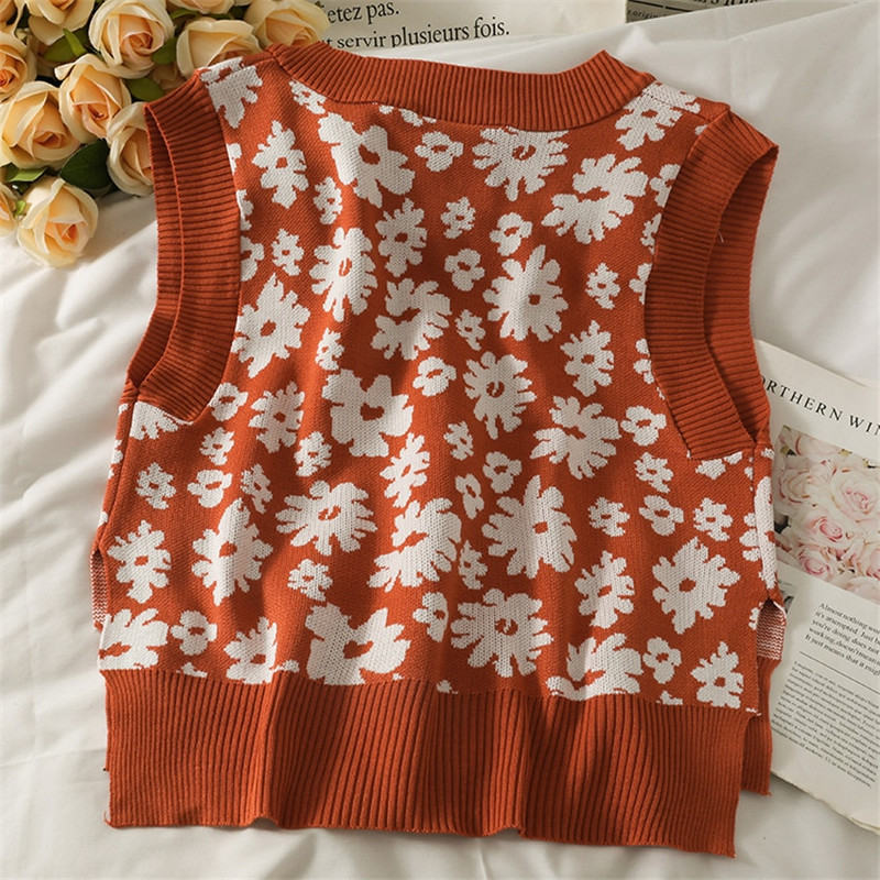 Retro vintage vest naiste silmkoeline kampsun vest varrukateta lilleline küljelt lõhestatud vest Sügis lühike välirõivad Chalecos Para Mujer