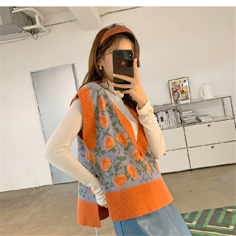 Retro vintage vest naiste silmkoeline kampsun vest varrukateta lilleline küljelt lõhestatud vest Sügis lühike välirõivad Chalecos Para Mujer