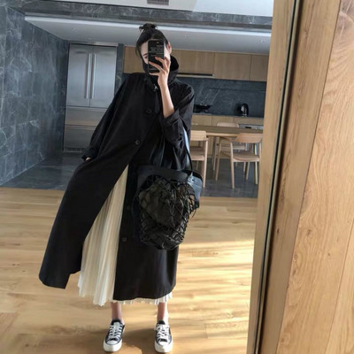 Trench Sieviešu gara vējjaka, brīva, melna studentu šiks, mājīgs ikdienas Harajuku rudens korejiešu modes ikdienas 3 XL elegantas iekšpuses
