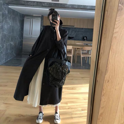 Trench Sieviešu gara vējjaka, brīva, melna studentu šiks, mājīgs ikdienas Harajuku rudens korejiešu modes ikdienas 3 XL elegantas iekšpuses
