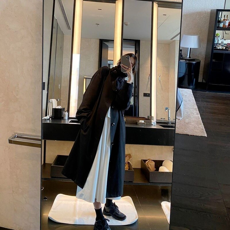 Trench ženske duge vjetrovke slobodne crne studentske šik udobne ležerne jesenske korejske modne dnevne 3XL elegantne ins