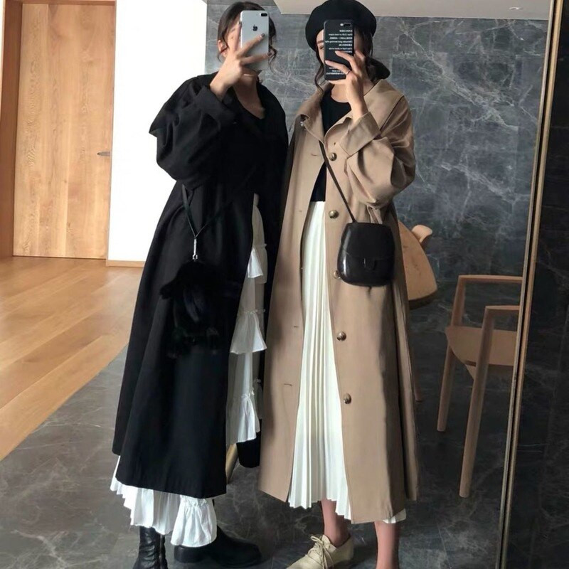 Trench ženske duge vjetrovke slobodne crne studentske šik udobne ležerne jesenske korejske modne dnevne 3XL elegantne ins