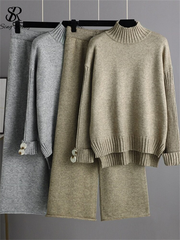 LIRUICHENG Zimski ženski široki kompleti džempera Topli džemper s dolčevitom i širokim nogavicama Duge hlače Žensko ležerno pleteno dvodijelno odijelo