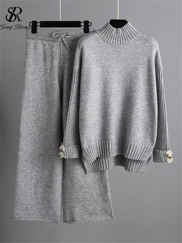 LIRUICHENG Zimski ženski široki kompleti džempera Topli džemper s dolčevitom i širokim nogavicama Duge hlače Žensko ležerno pleteno dvodijelno odijelo