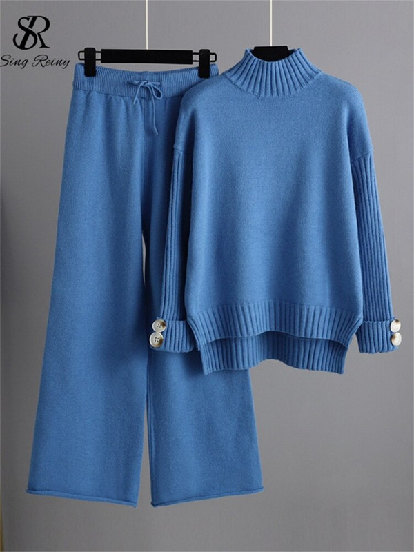 LIRUICHENG Zimski ženski široki kompleti džempera Topli džemper s dolčevitom i širokim nogavicama Duge hlače Žensko ležerno pleteno dvodijelno odijelo