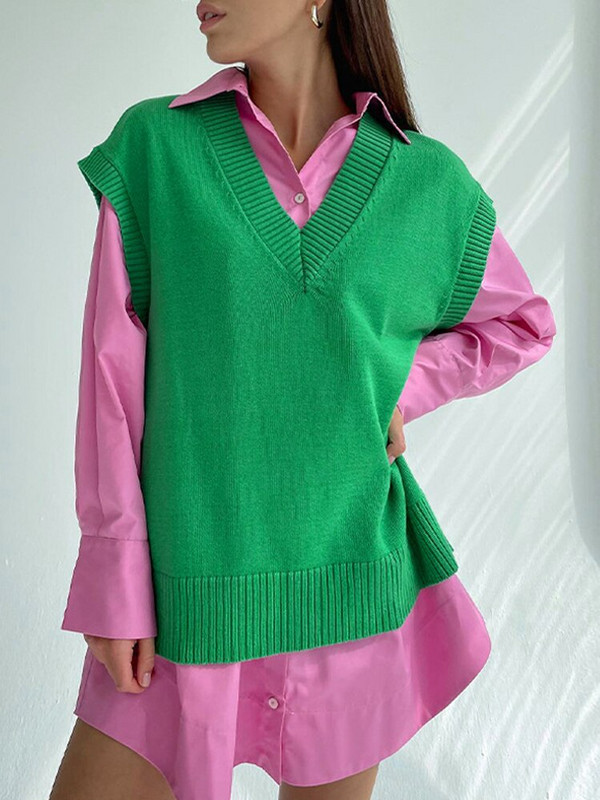 Rudens moteriškas megztinis megztinis V kaklo liemenė, palaidi, berankoviai moteriški megztiniai, laisvalaikio madingi moteriški viršutiniai drabužiai