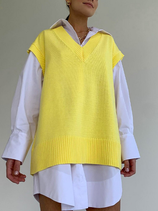 Rudens moteriškas megztinis megztinis V kaklo liemenė, palaidi, berankoviai moteriški megztiniai, laisvalaikio madingi moteriški viršutiniai drabužiai