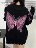 Tawaaiw Μαύρη στάμπα πεταλούδα γοτθικό πουλόβερ Γυναικείο μακρυμάνικο πλεκτό πουλόβερ τρύπα Vintage ρετρό γυναικείο πουλόβερ Φθινόπωρο Χειμώνας