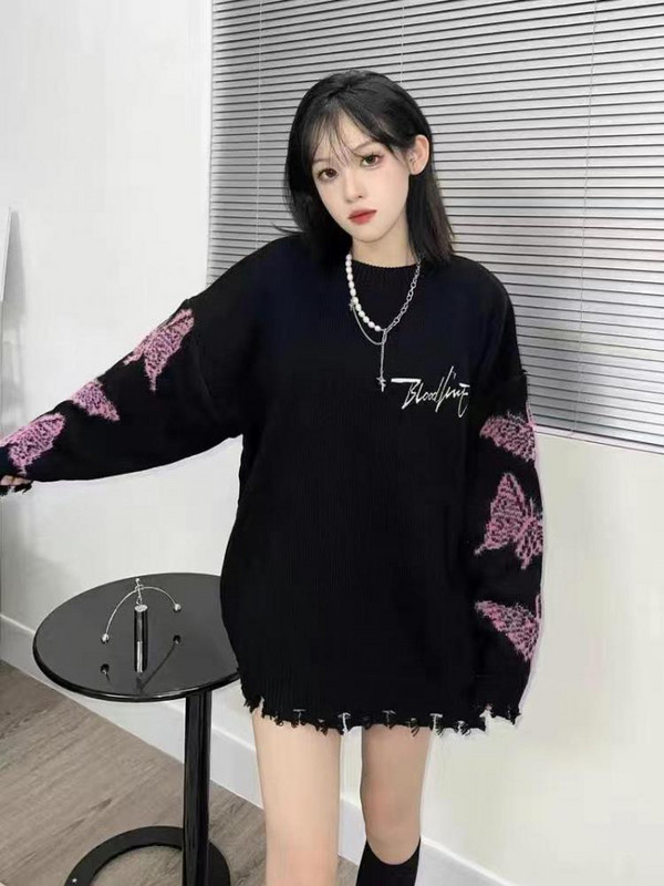 Tawaaiw Μαύρη στάμπα πεταλούδα γοτθικό πουλόβερ Γυναικείο μακρυμάνικο πλεκτό πουλόβερ τρύπα Vintage ρετρό γυναικείο πουλόβερ Φθινόπωρο Χειμώνας