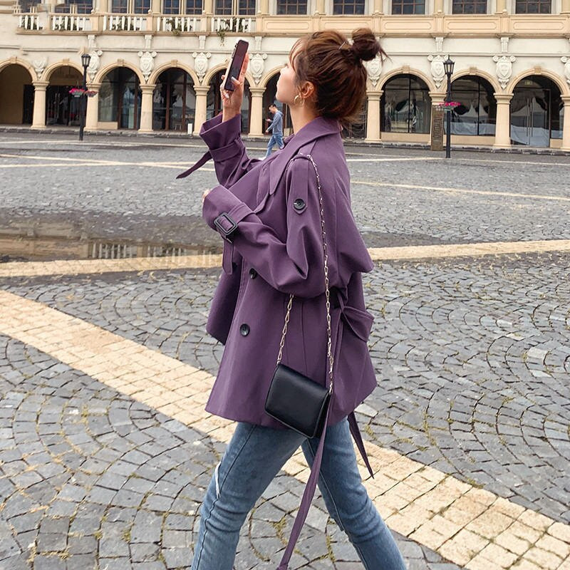 Sieviešu pavasara rudens īss mētelis 2021. gada jaunais korejiešu modes modes purpursarkanā krāsā, sieviešu vējjaka, brīva jaka ar instrumentiem